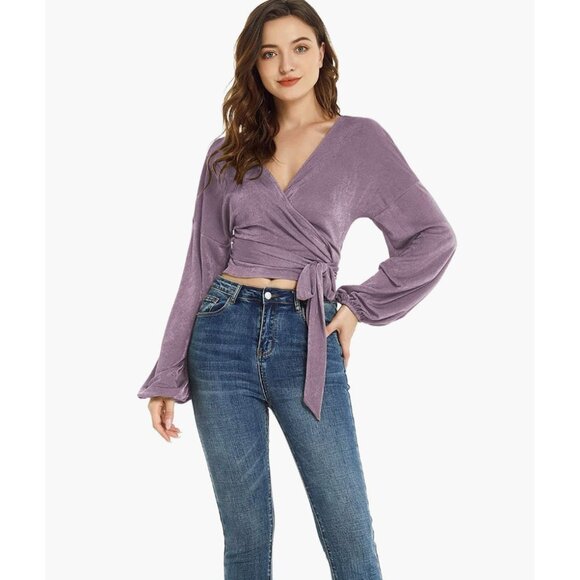 Purple Glitter Knit Tie Front Belted V-Neck Long Sleeve Bishop Wrap Sweater‎ Top - Picture 3 of 6